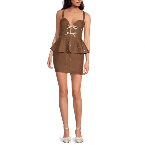 New Fanm Mon Helaina Floral Embroidered Bow Sweetheart Mini Dress🤎Small NWT!